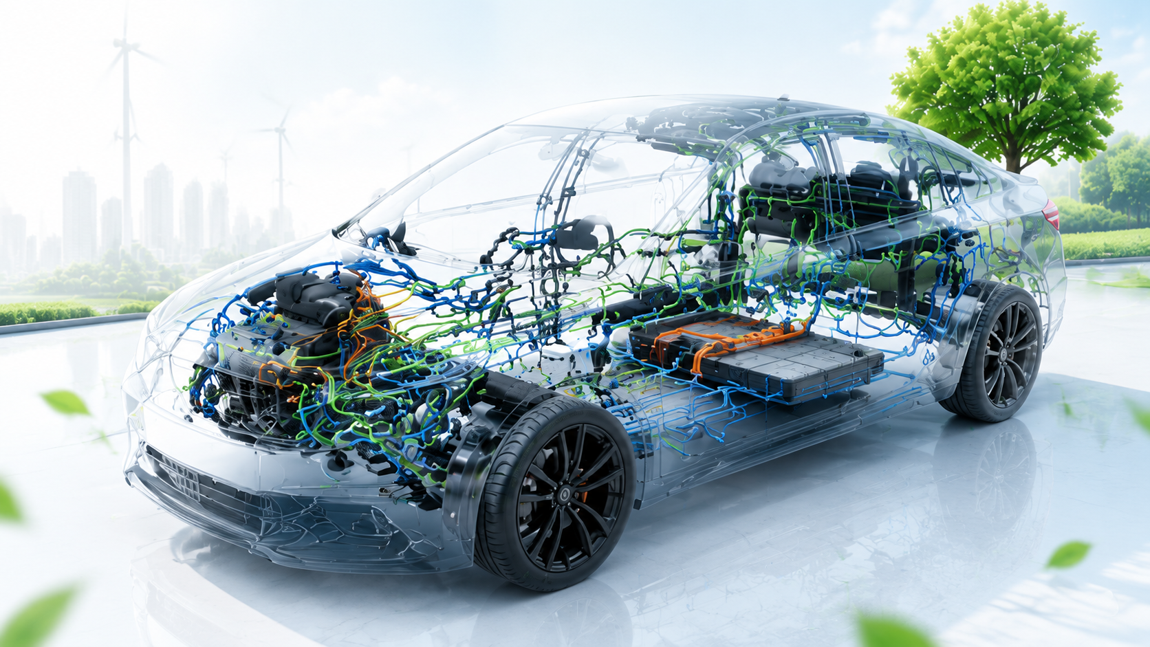 Transparent vehicle showing automotive wire harness routing